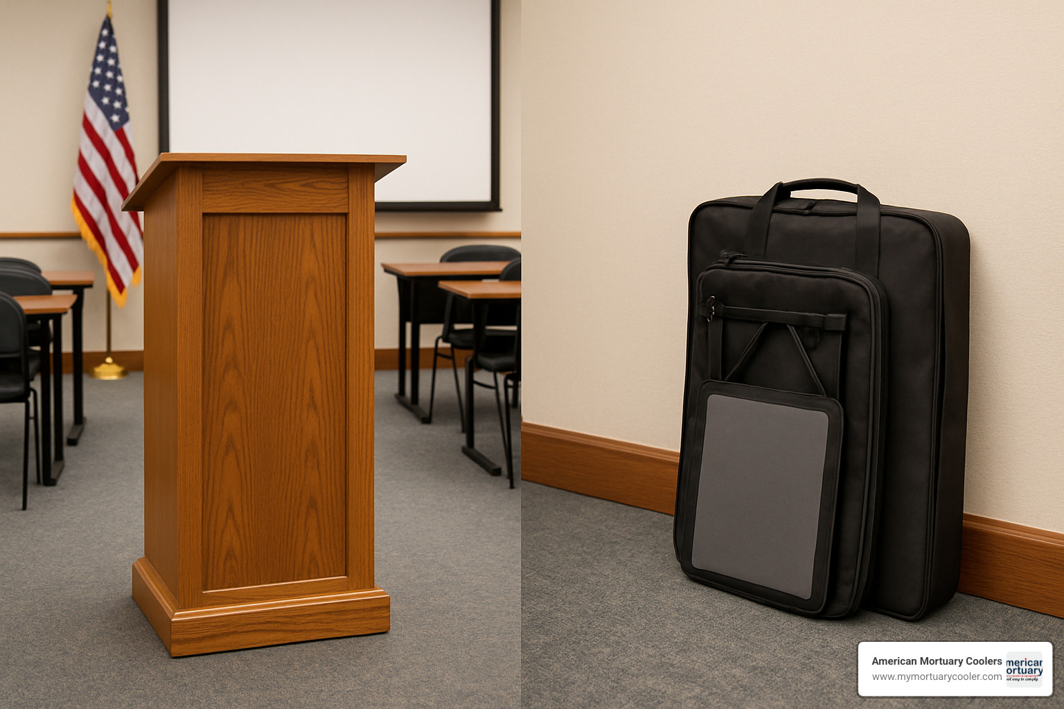 Comparison of traditional lectern versus folded portable lectern showing space savings - foldable lectern