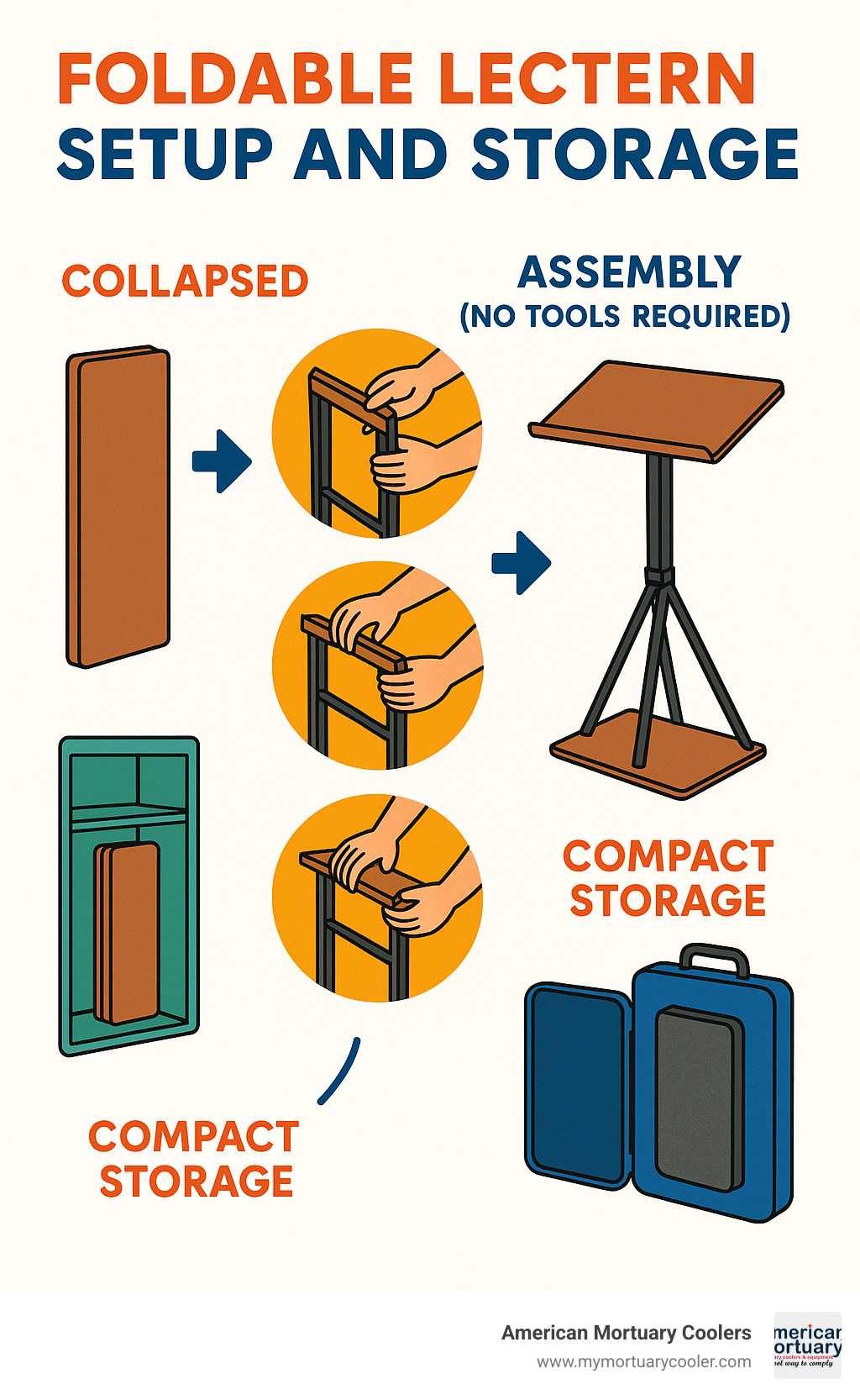 Foldable lectern setup and storage workflow showing a lectern in collapsed state, assembly steps with no tools required, fully assembled configuration, and compact storage options - foldable lectern infographic 