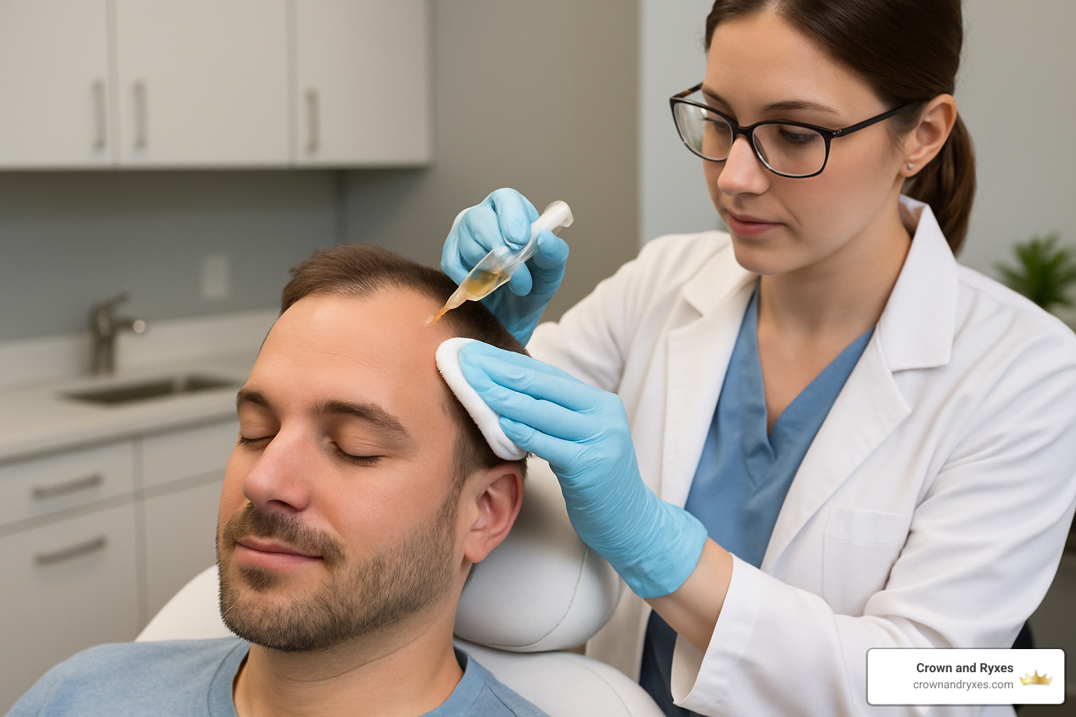 Patient receiving PRP scalp injection with comfort measures - vampire hair regrowth