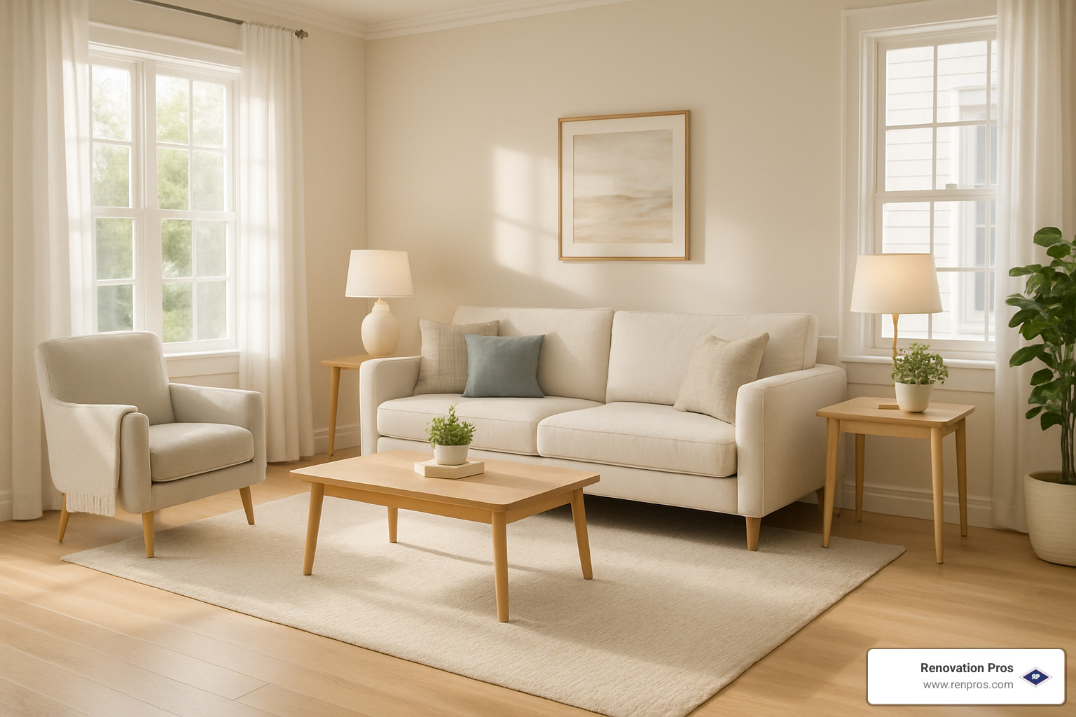 Restored living room after professional water damage cleanup - flood cleanup companies