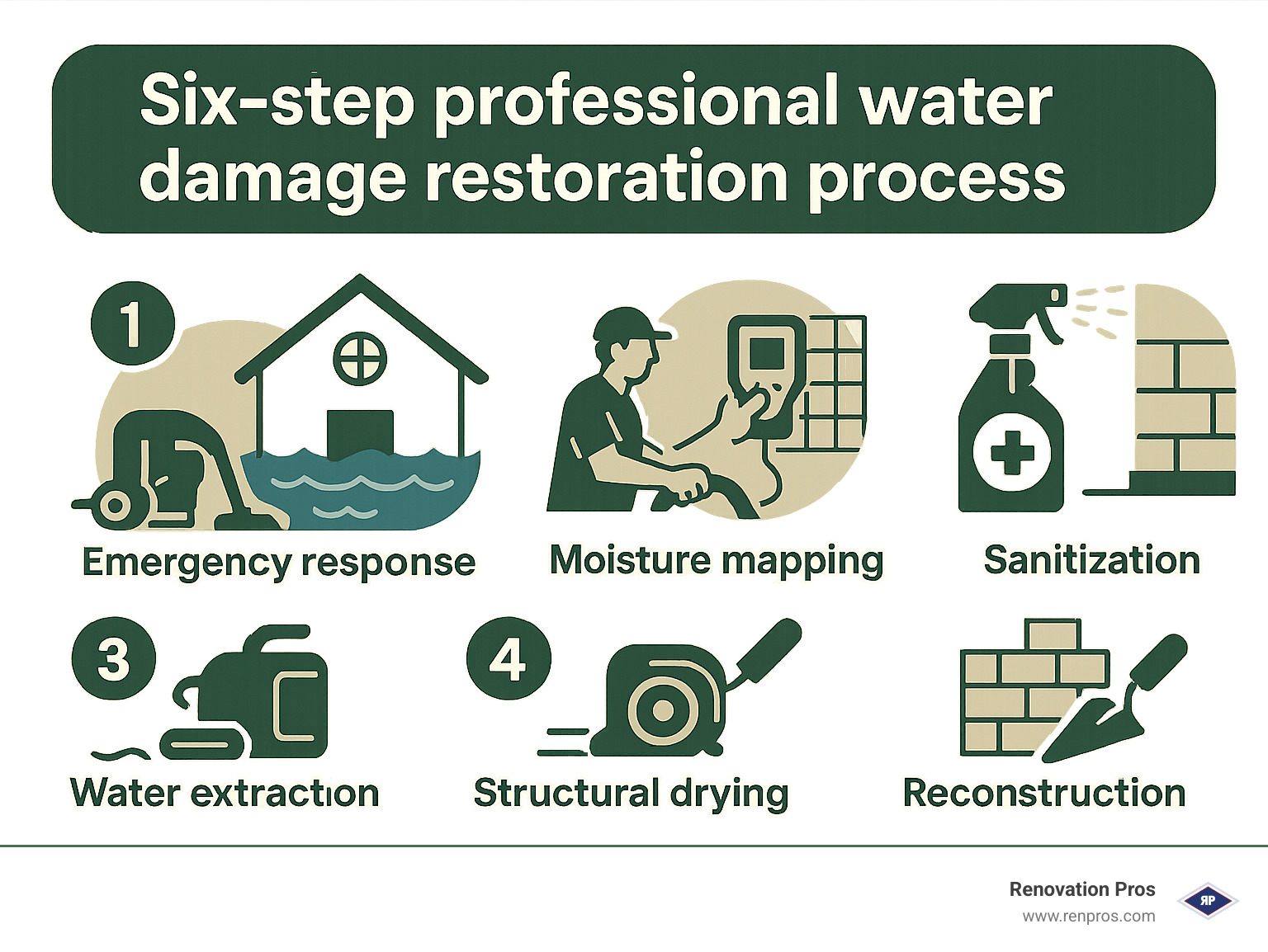 Six-step professional water damage restoration process: 1. Emergency response, 2. Water extraction, 3. Moisture mapping, 4. Structural drying, 5. Sanitization, 6. Reconstruction - flood cleanup companies infographic 