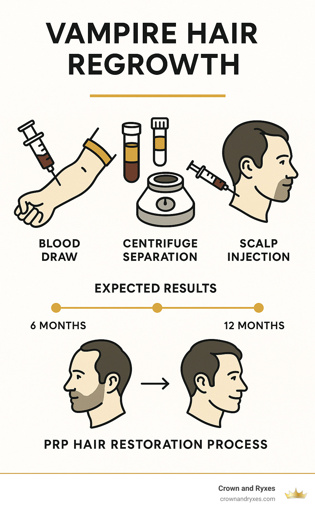 PRP hair restoration process showing blood draw, centrifuge separation, and scalp injection with timeline of expected results over 6-12 months - vampire hair regrowth infographic 