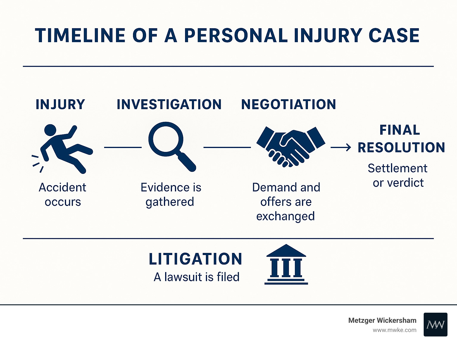 Timeline of a personal injury case from initial injury through investigation, negotiation, possible litigation, and final resolution - Harrisburg personal injury attorney infographic 