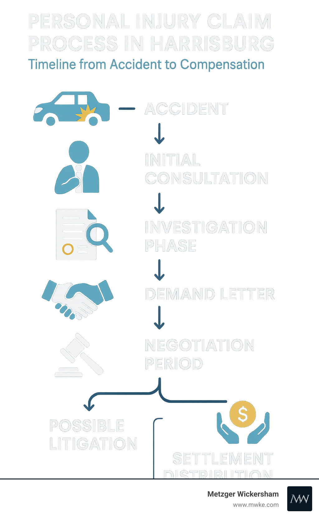 Personal injury claim process in Harrisburg showing the timeline from accident to compensation, including initial consultation, investigation phase, demand letter, negotiation period, possible litigation, and settlement distribution - Harrisburg personal injury attorney infographic 