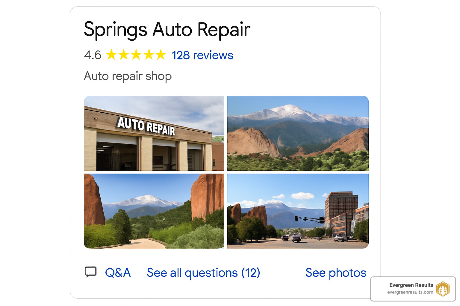 Optimized Google Business Profile for a Colorado Springs business showing reviews, photos, and Q&A section - colorado springs seo agency