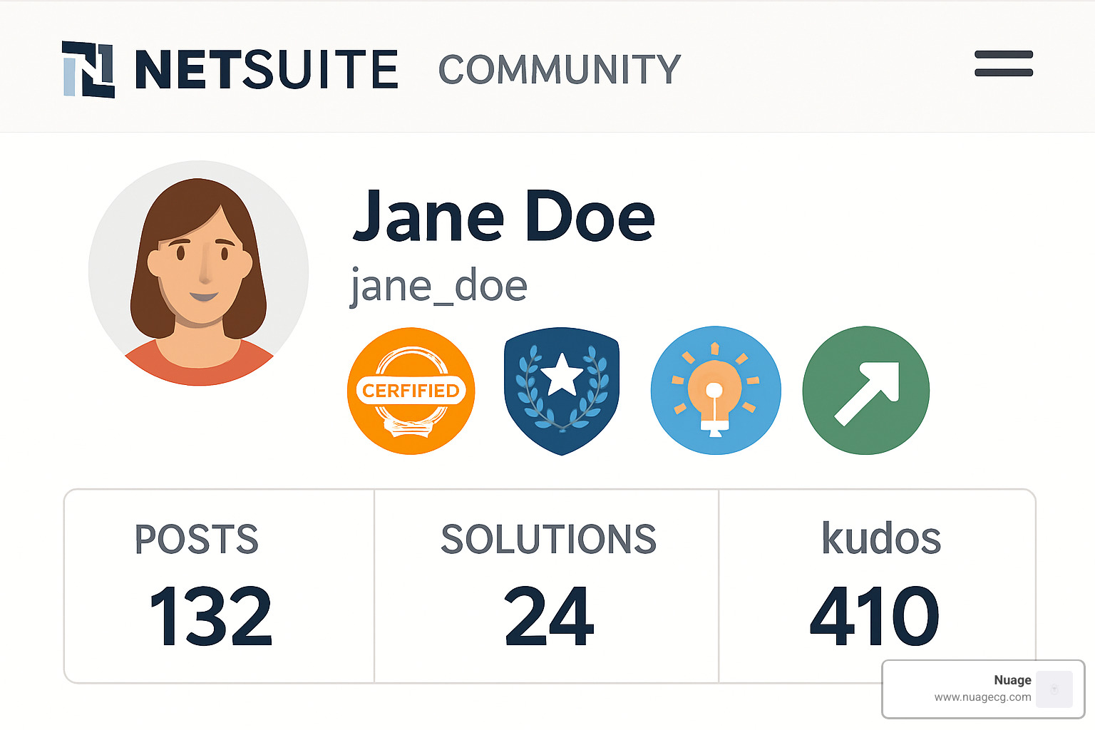 User profile showing community badges and activity stats - netsuite community