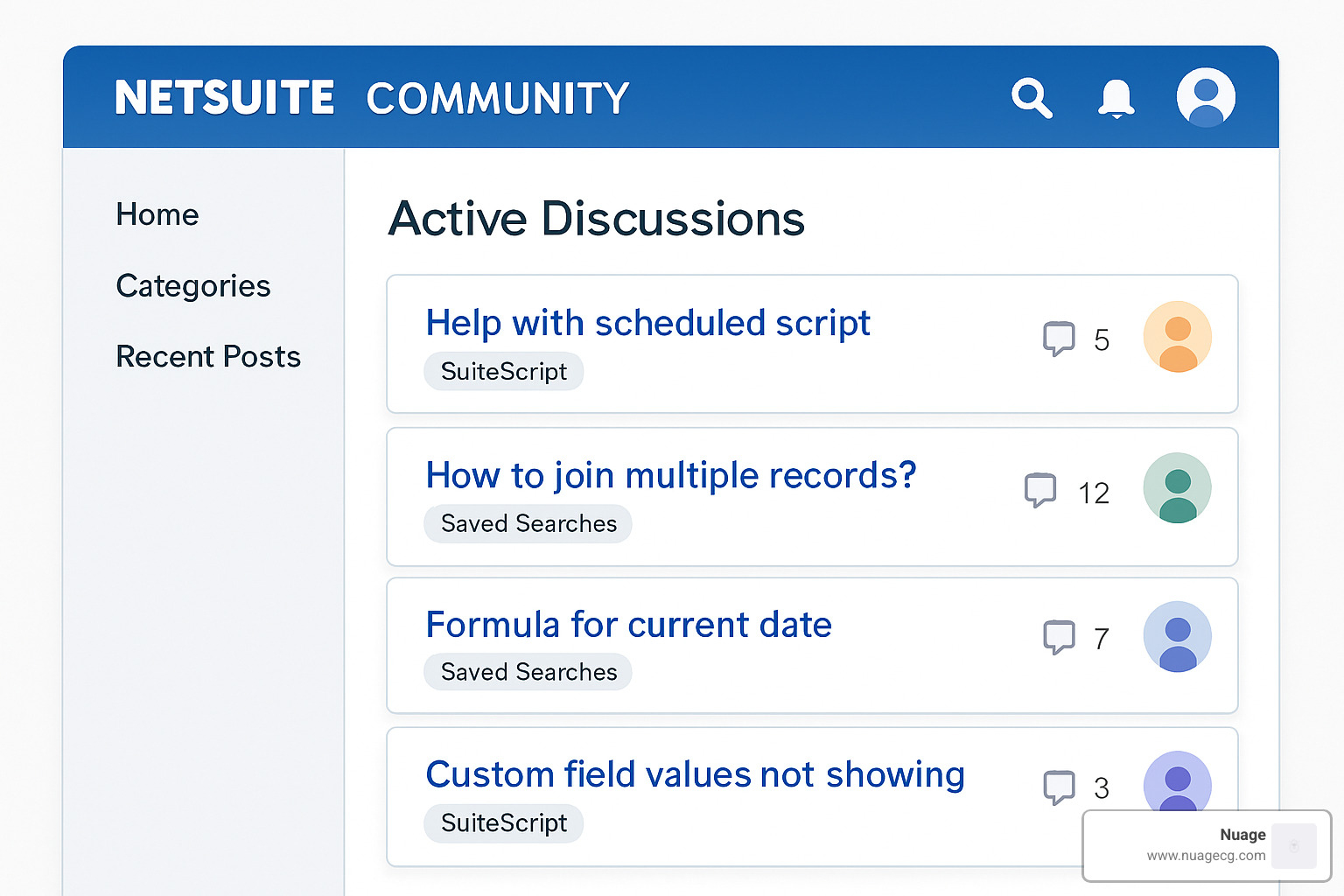 NetSuite Community dashboard showing discussions, categories and user profiles - netsuite community