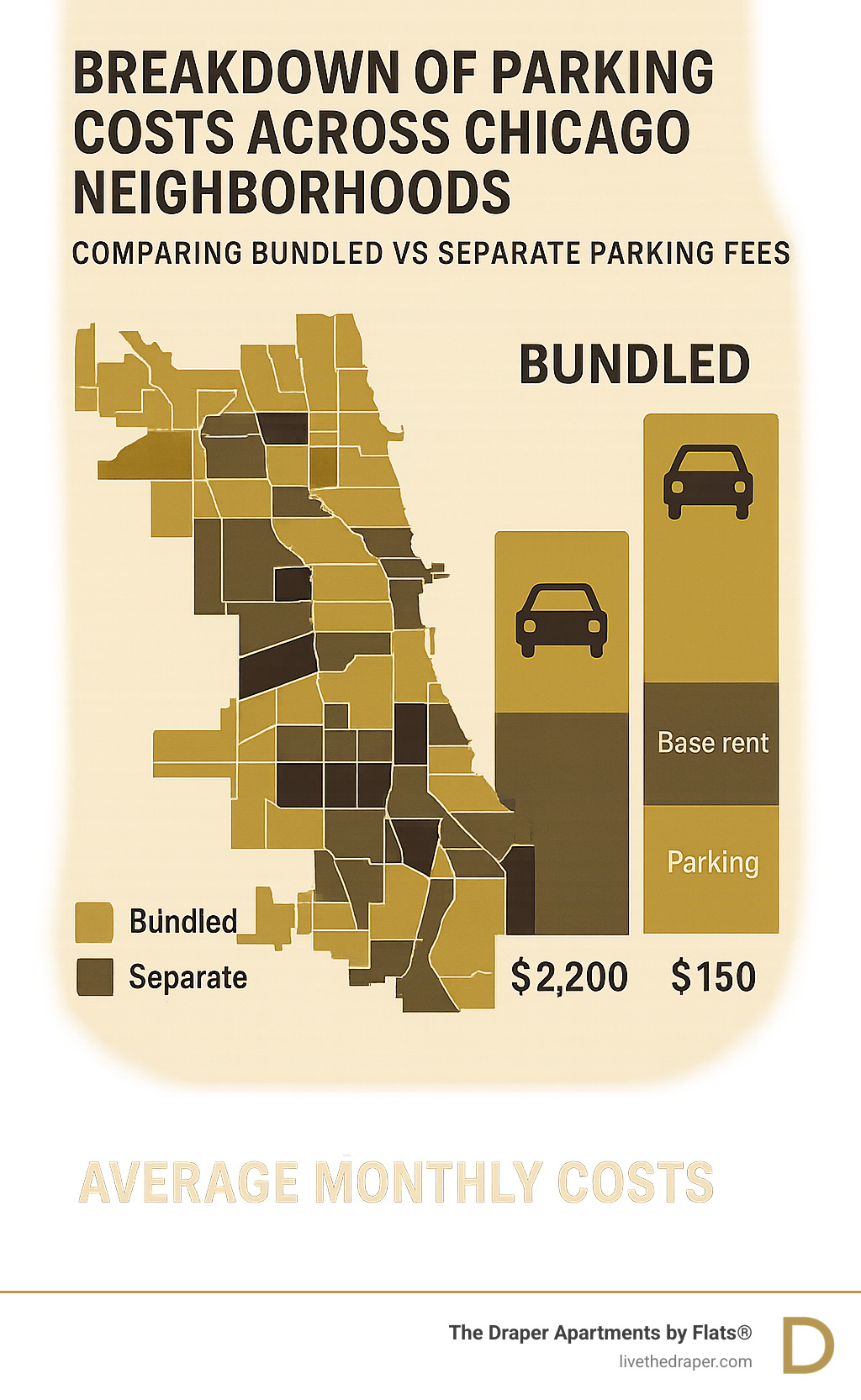 Breakdown of parking costs across Chicago neighborhoods comparing bundled vs separate parking fees - Chicago apartments with parking infographic 