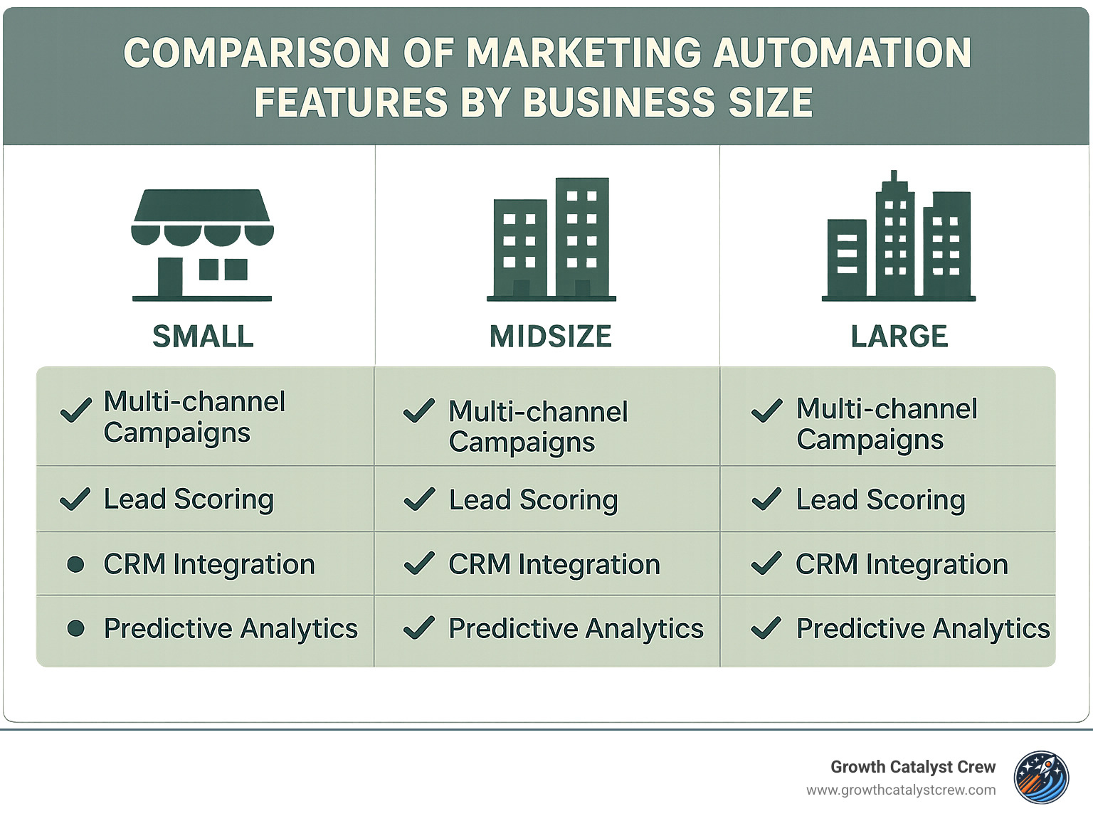 Comparison of marketing automation features by business size - automation in marketing infographic