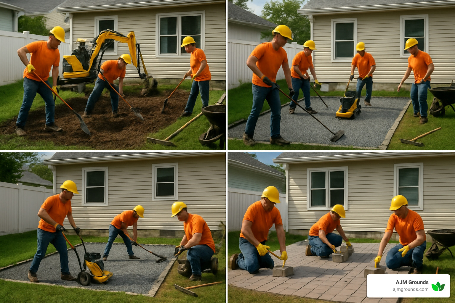 hardscape installation process showing excavation, base preparation, and paver installation - patios and hardscapes