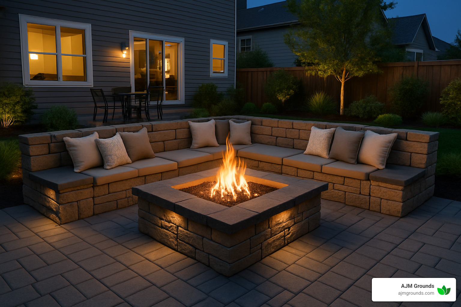 sunken fire pit lounge with stone seating - patios and hardscapes