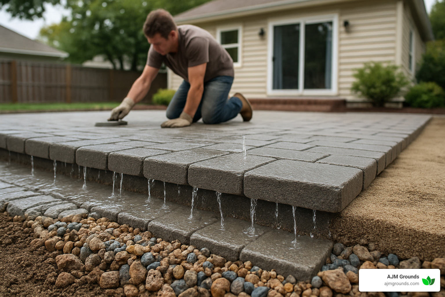 permeable paver installation showing water drainage - patios and hardscapes