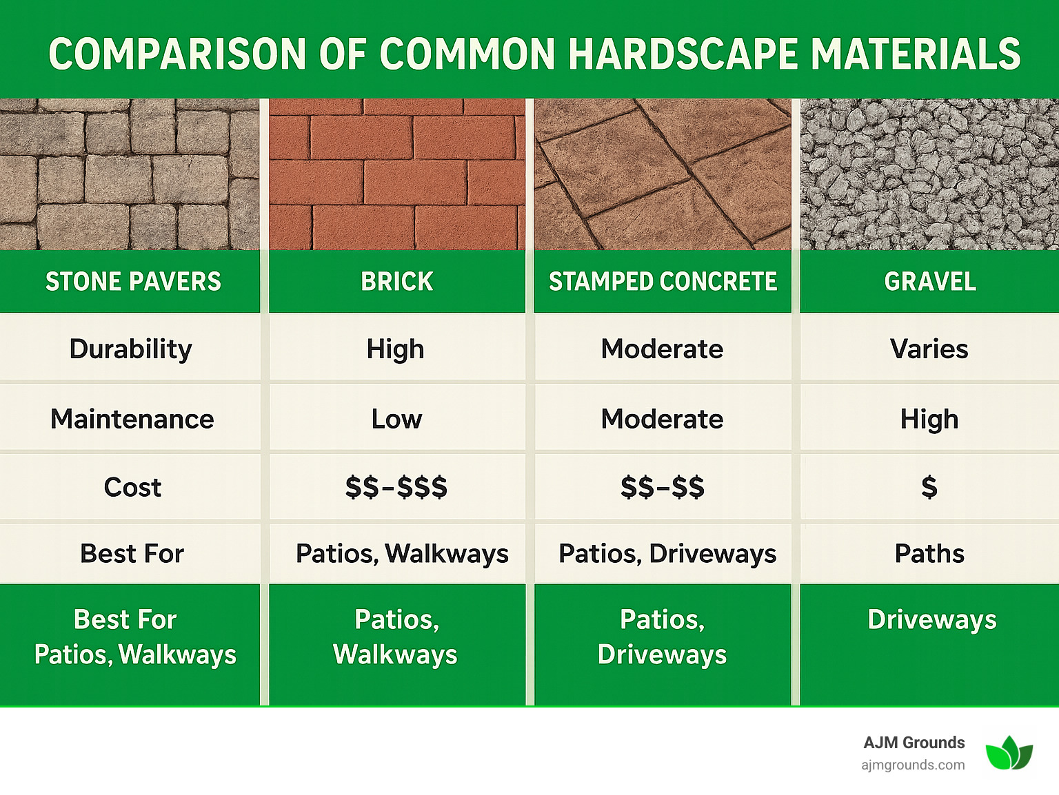 Comparison of common hardscape materials showing stone pavers, brick, stamped concrete, and gravel with their characteristics including durability, maintenance needs, cost range, and best applications - patios and hardscapes infographic 