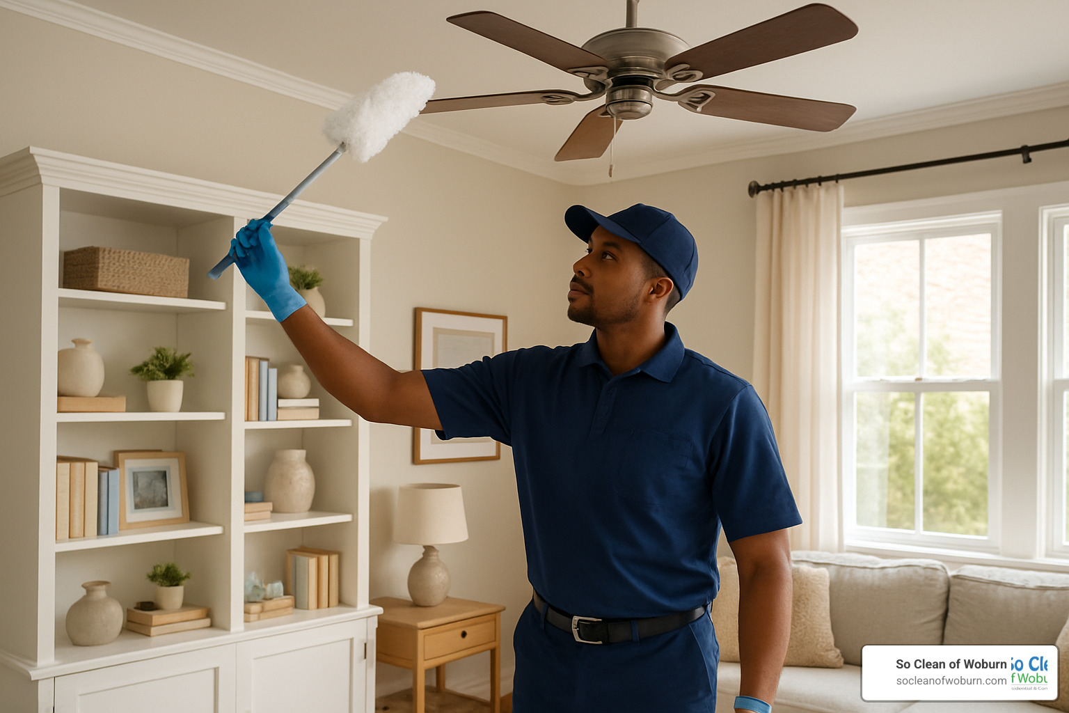 Professional cleaner dusting high surfaces in a living room - house cleaning services waltham ma