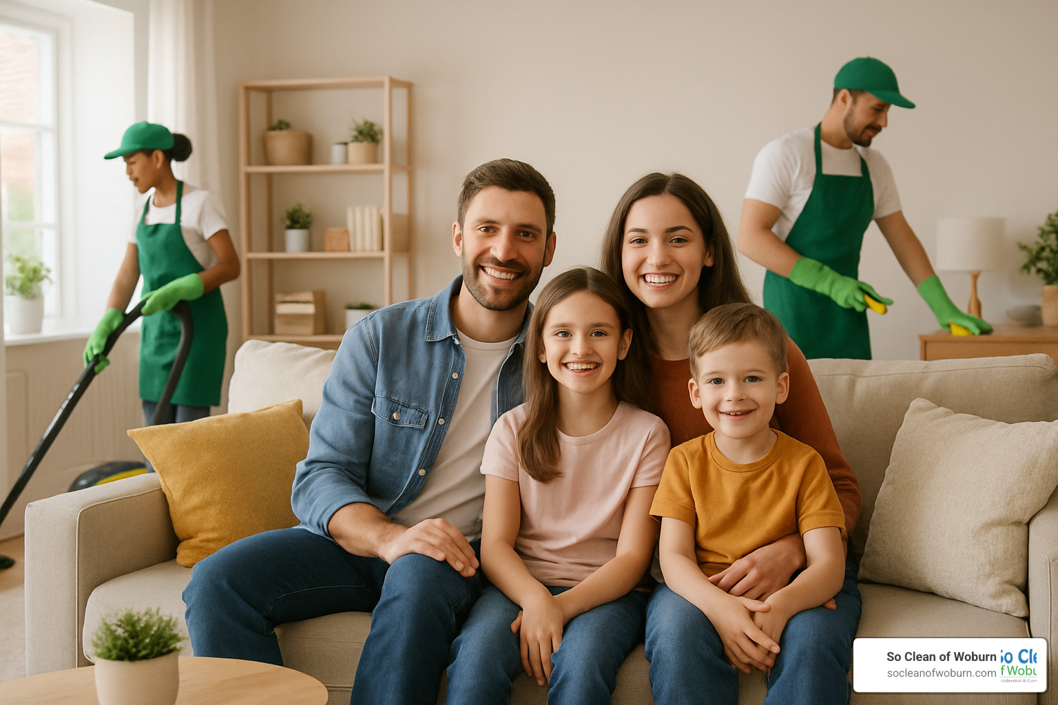 Family enjoying time together while professionals clean their home - house cleaning services waltham ma