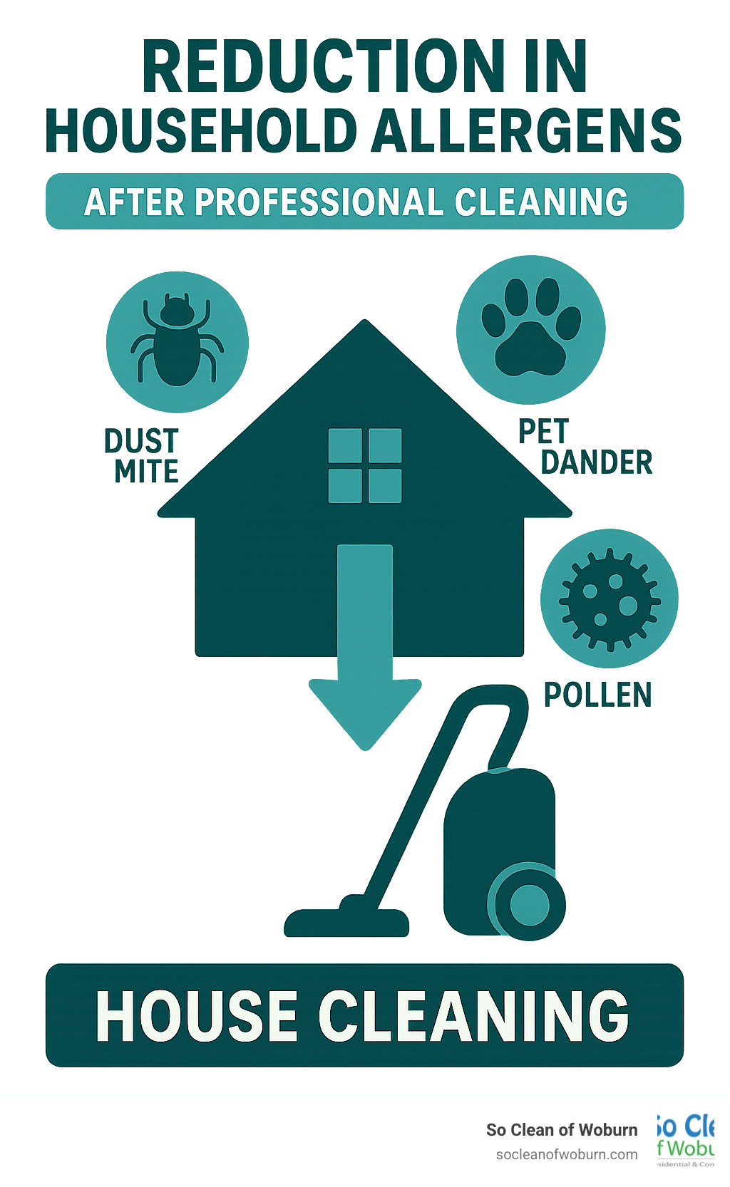Infographic showing reduction in household allergens after professional cleaning - house cleaning services waltham ma infographic 