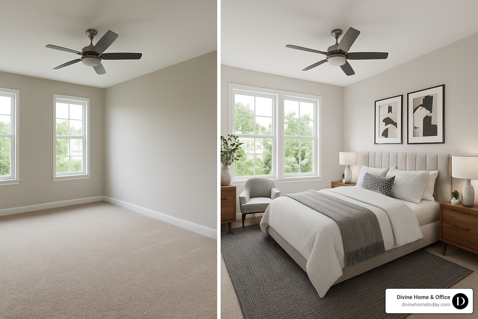 Before and after comparison of a bedroom transformed with improved staging package - improved staging package