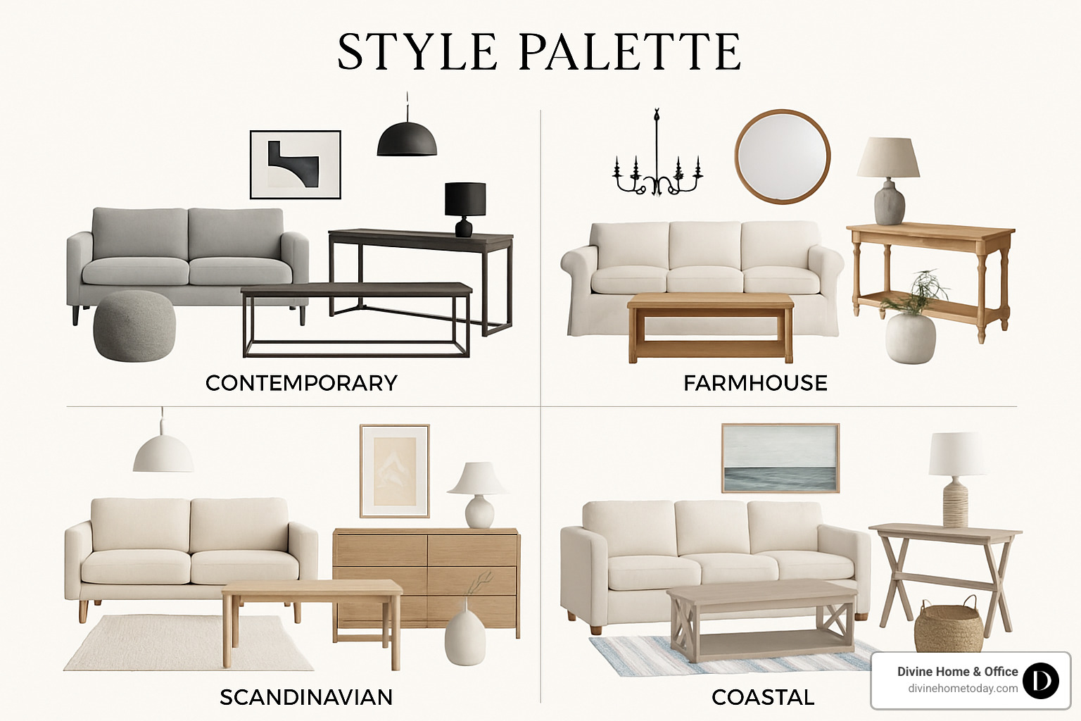 Style palette showing Contemporary, Farmhouse, Scandinavian, and Coastal design elements - improved staging package