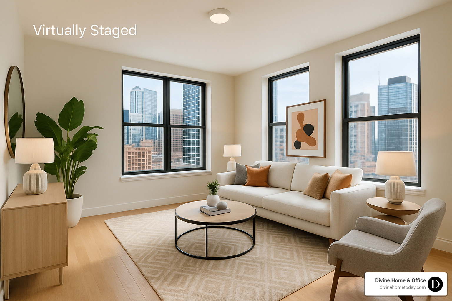 Improved staging package applied to urban condo living room - improved staging package