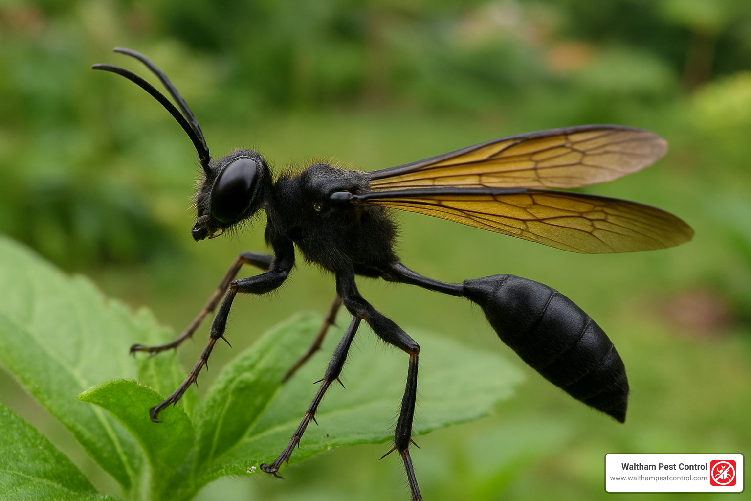 close-up of thread-waisted wasp body - big black flying bug that looks like a wasp close-up of thread-waisted wasp body - big black flying bug that looks like a wasp