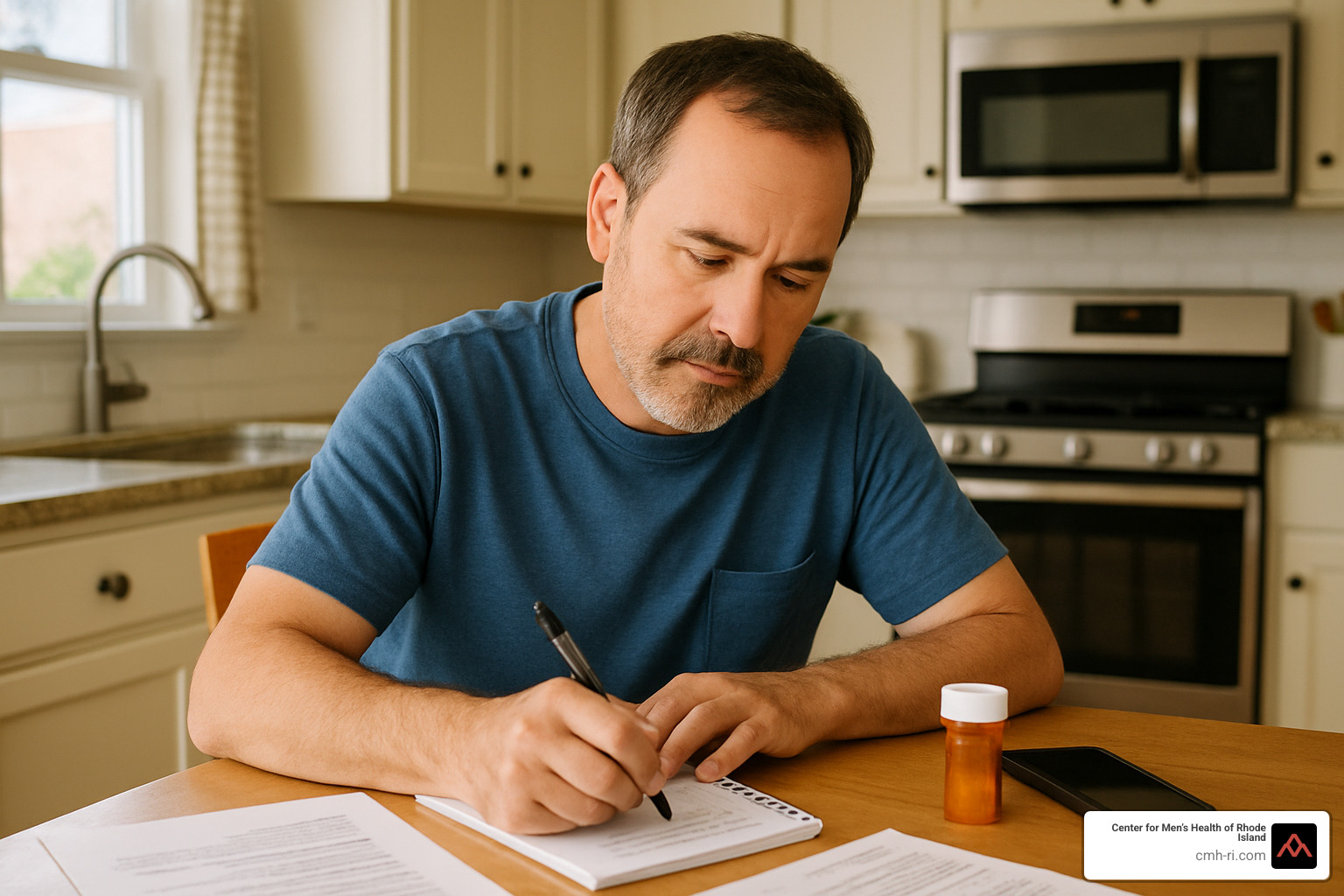 man preparing notes for doctor appointment - men's health assessment