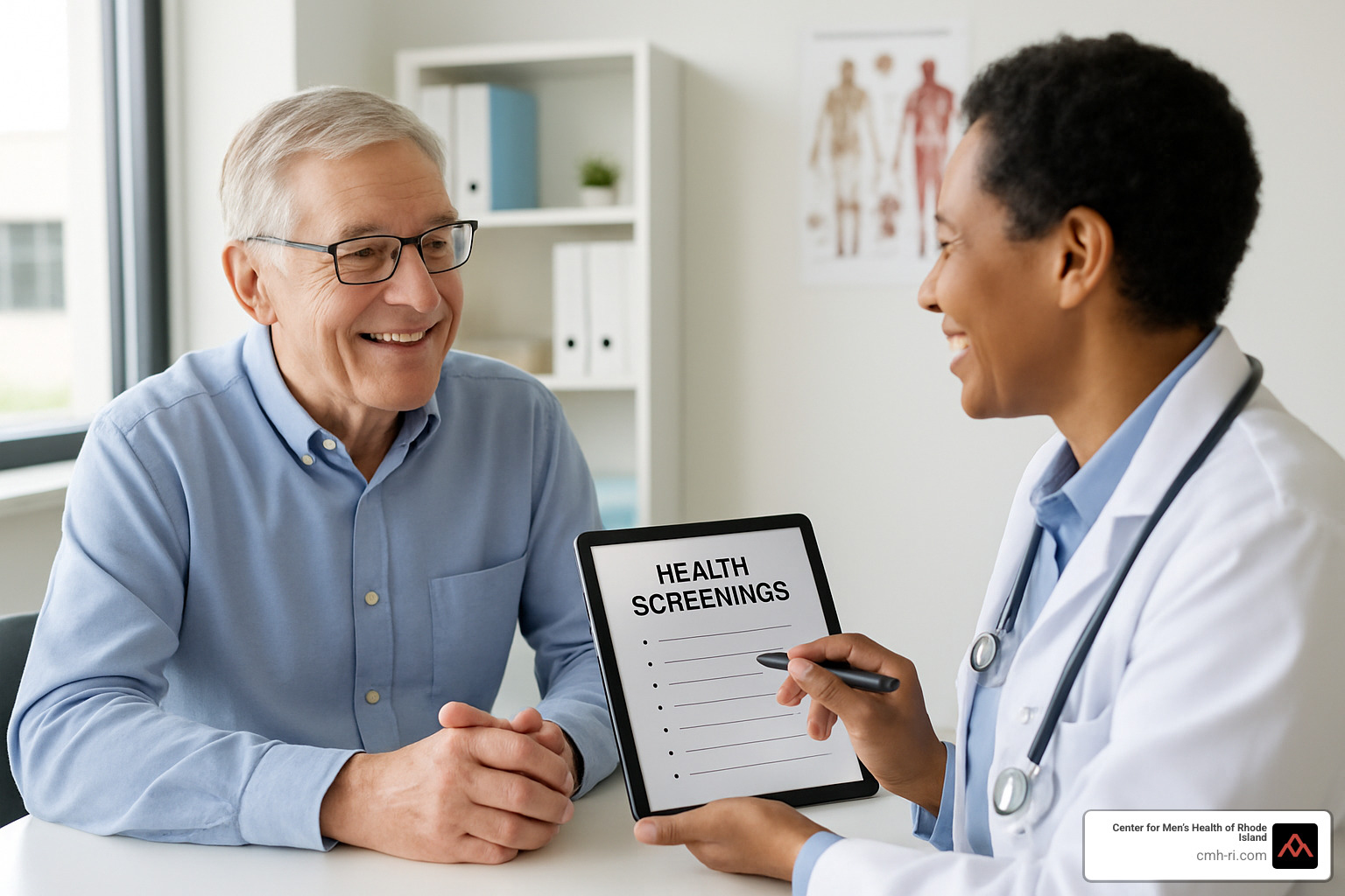 older man discussing health screening with doctor - men's health assessment