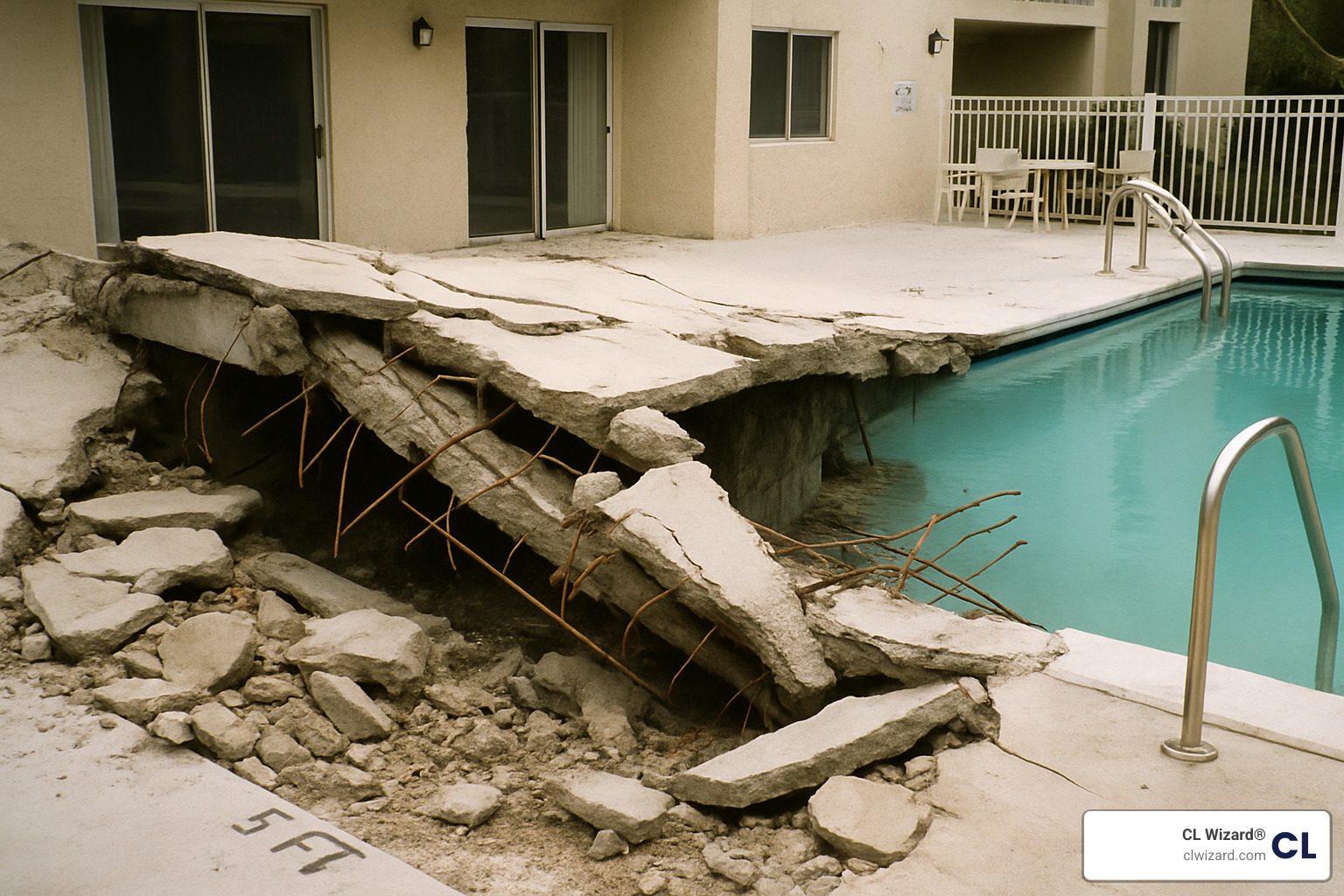collapsed pool deck from unchecked water leak - find leak in pool return line