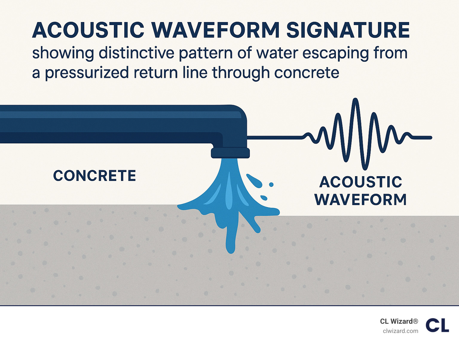 Acoustic waveform signature showing distinctive pattern of water escaping from a pressurized return line through concrete - find leak in pool return line infographic 