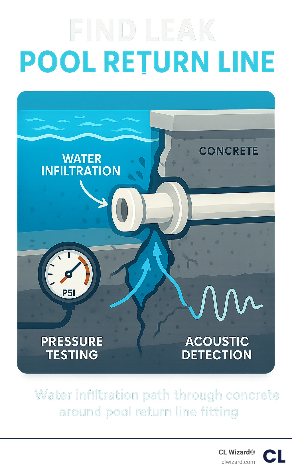 Diagram showing water infiltration path through concrete around pool return line fittings, with pressure testing gauge readings and acoustic detection waveforms - find leak in pool return line infographic 
