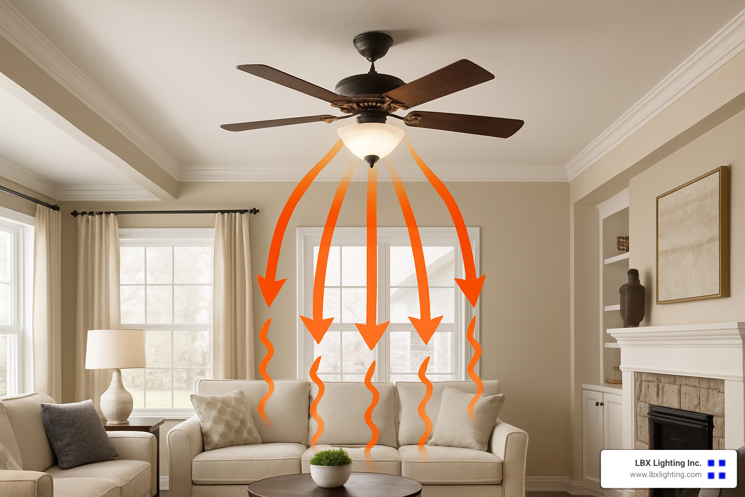 Ceiling fan in reverse winter mode pushing warm air down - Houston ceiling fan service