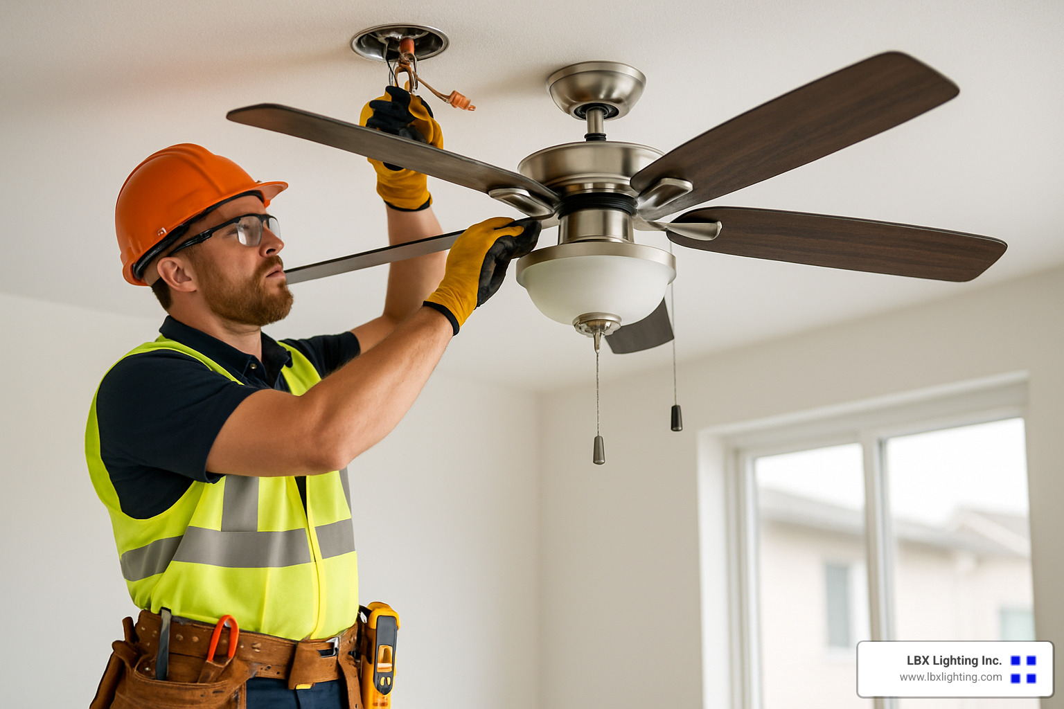 Licensed electrician installing ceiling fan - Houston ceiling fan service