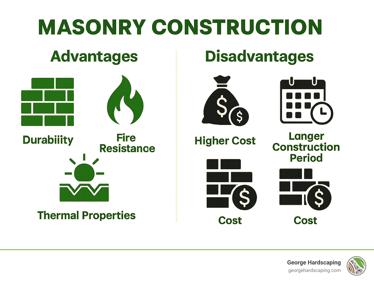 Infographic comparing the advantages and disadvantages of masonry construction with illustrated examples of durability, fire resistance, thermal properties, and cost factors - masonry work infographic 