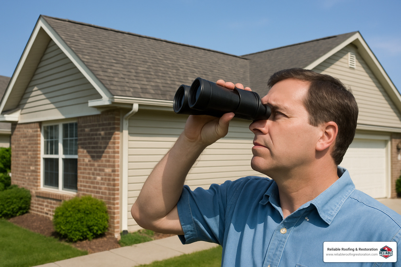 homeowner inspecting roof with binoculars from the ground - asphalt shingle roof maintenance