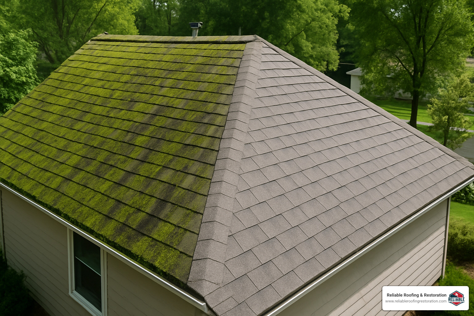 before and after moss removal from asphalt shingle roof - asphalt shingle roof maintenance