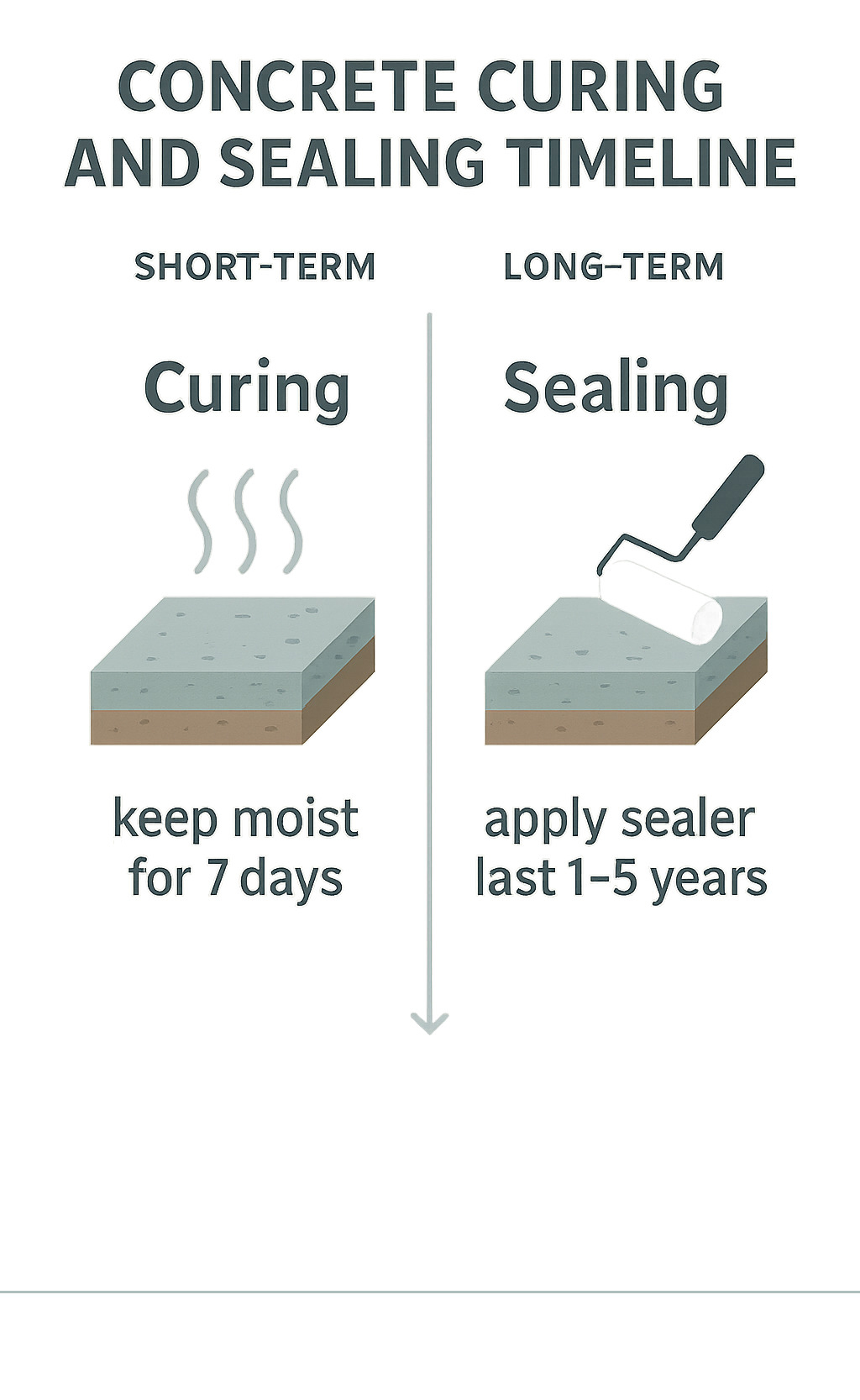 Concrete curing and sealing timeline showing short-term vs long-term processes - concrete floor installation process infographic Concrete curing and sealing timeline showing short-term vs long-term processes - concrete floor installation process infographic