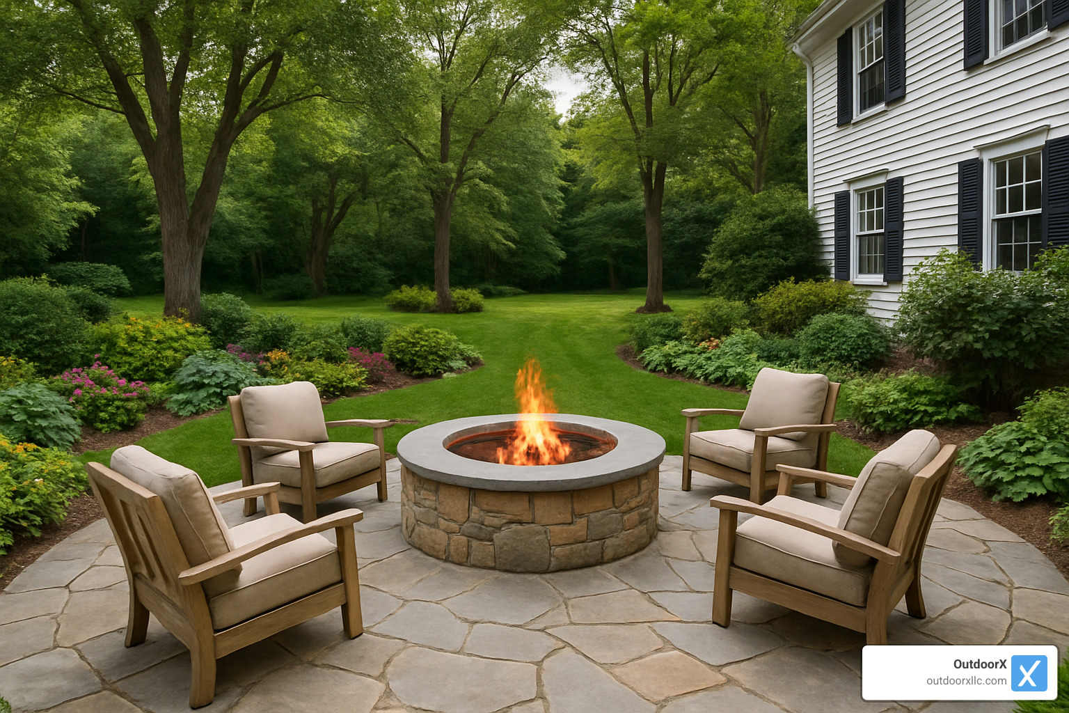 beautiful custom patio with fire pit in Hamilton MA - Landscaping Hamilton MA