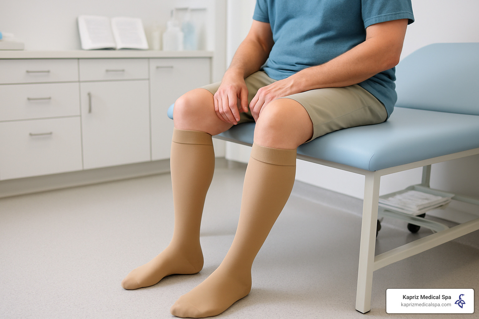 patient wearing compression stockings - Minimally invasive vein treatment