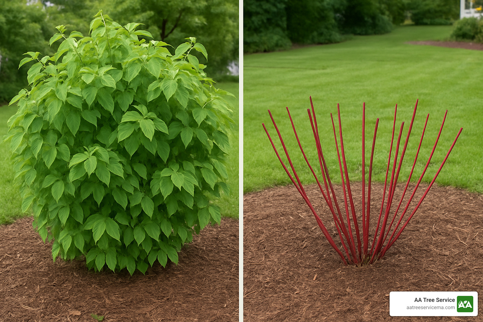 Comparison of dogwood bush before and after rejuvenation pruning - dogwood bush pruning