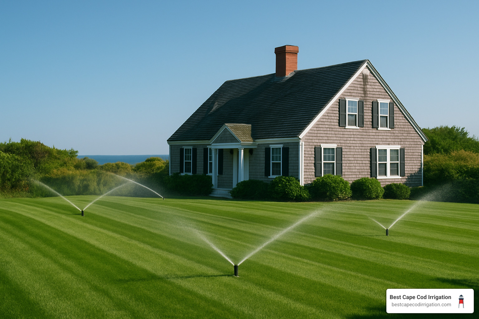 Cape Cod landscape with irrigation system - price of water sprinkler