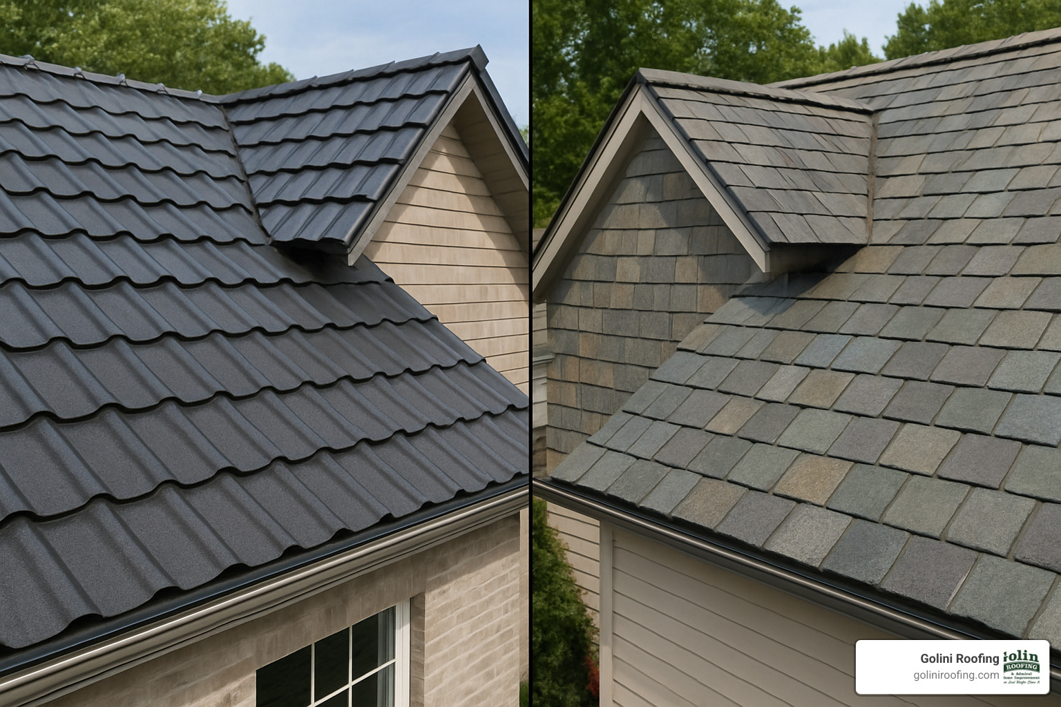 metal and slate roofing shingles side by side - roofing shingles