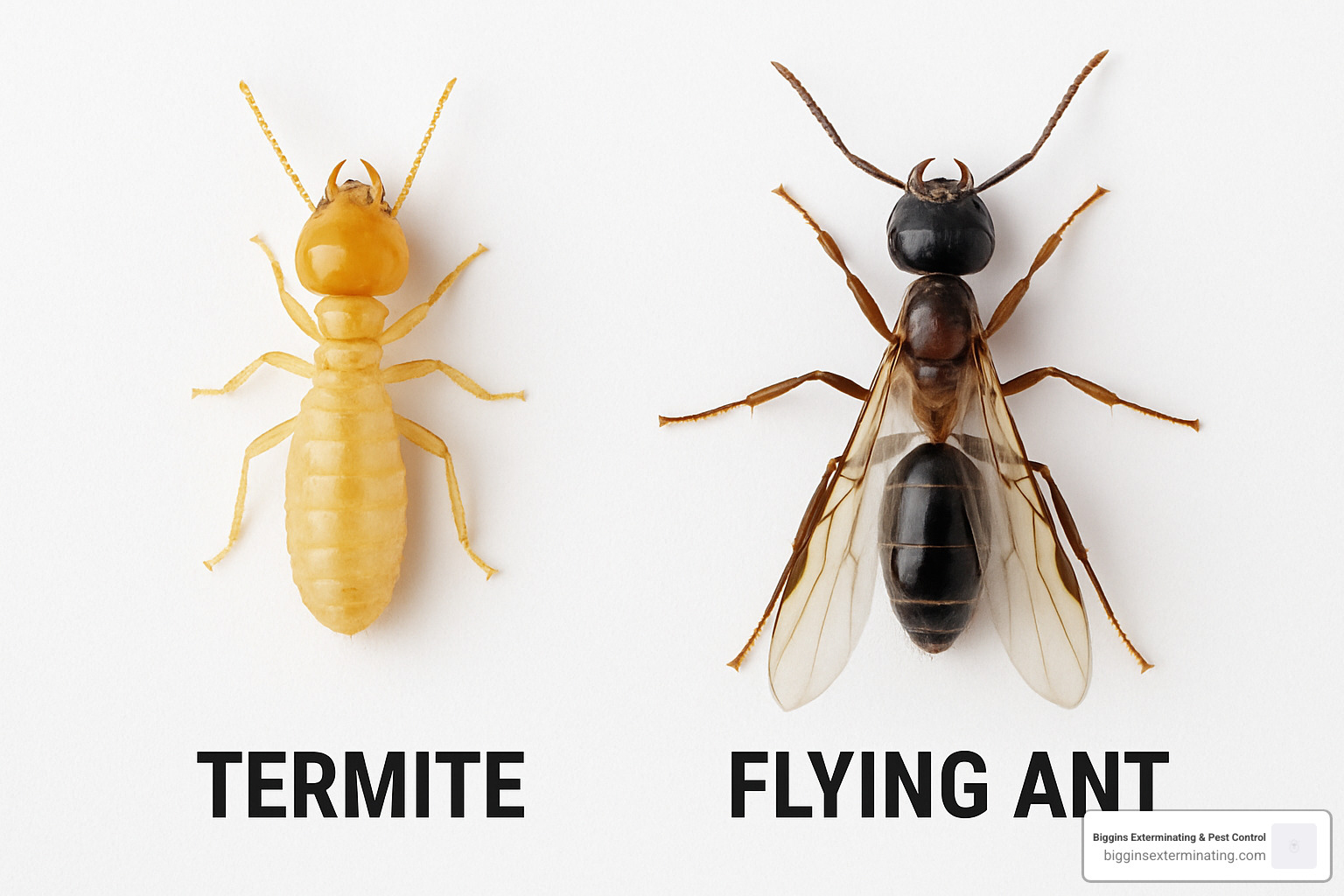 side by side comparison of termite and flying ant showing anatomical differences - how to tell if you have termites