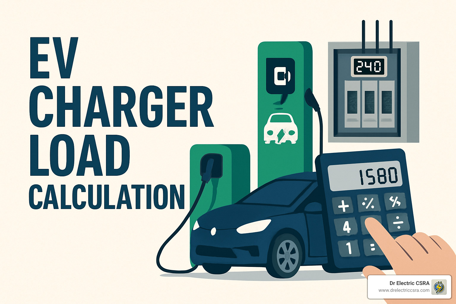 EV charger load calculation graphic featuring a calculator displaying 1580, an electric vehicle, charging station, and electrical panel showing 240V, illustrating home EV charger installation requirements.