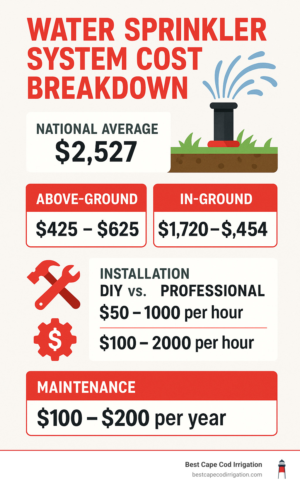 Water sprinkler system cost breakdown showing national averages for different system types, installation costs, and maintenance expenses with comparisons between DIY and professional installation - price of water sprinkler infographic 