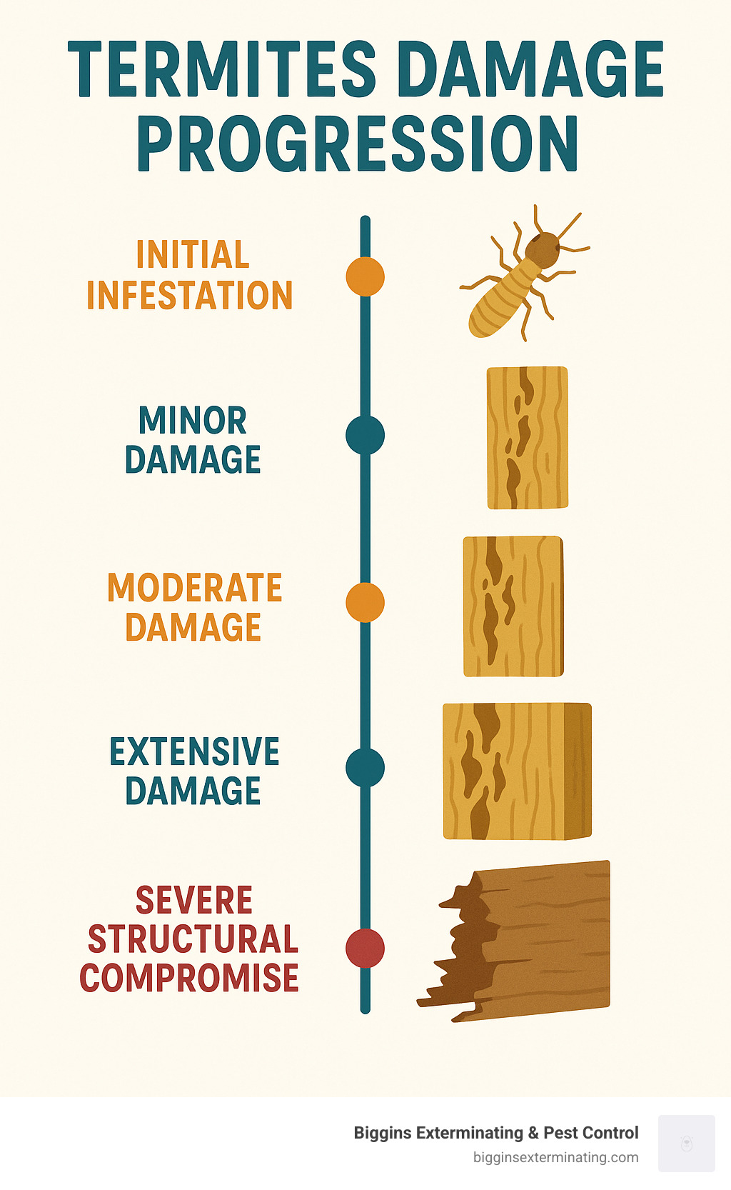 Infographic showing timeline of termite damage progression from initial infestation to severe structural compromise - how to tell if you have termites infographic 