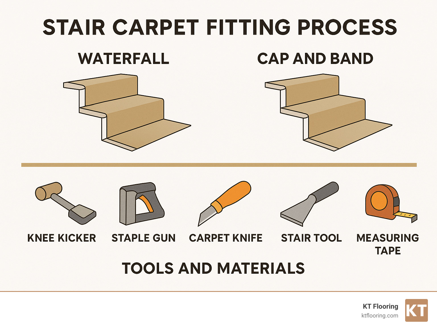 Stair carpet fitting process showing waterfall and cap and band methods with tools and materials needed - stair carpet fitting infographic