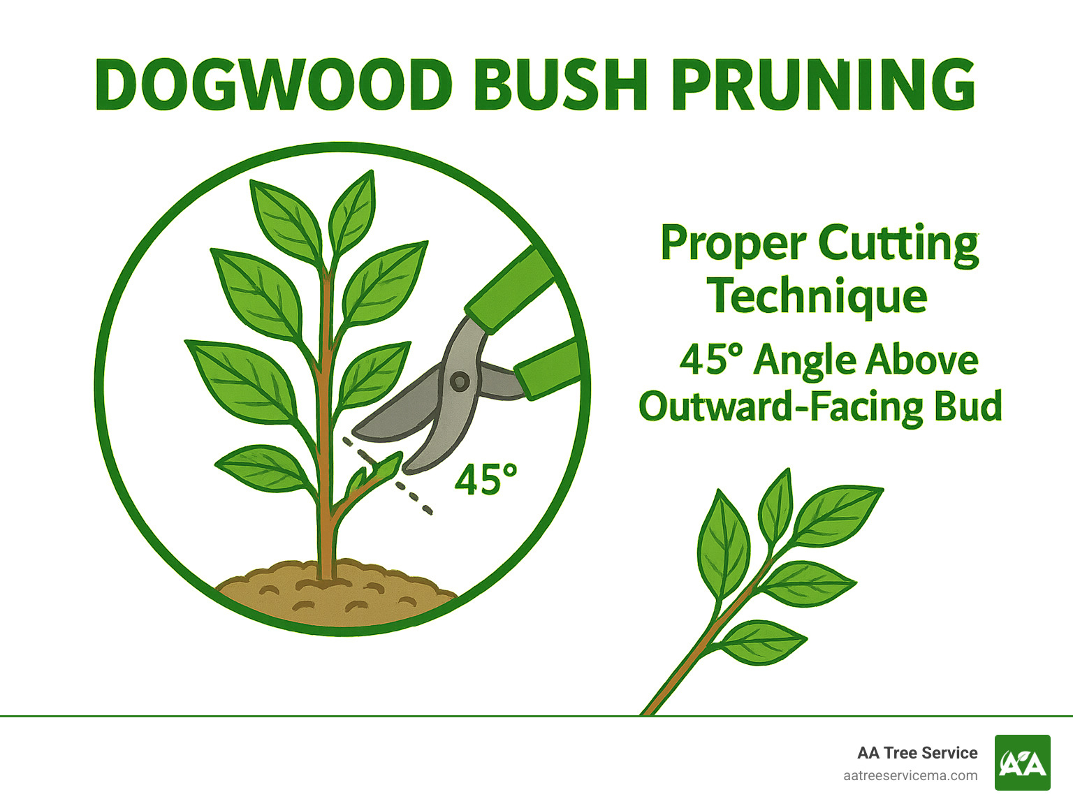 Diagram showing proper cutting technique with 45-degree angle above outward-facing bud - dogwood bush pruning infographic 