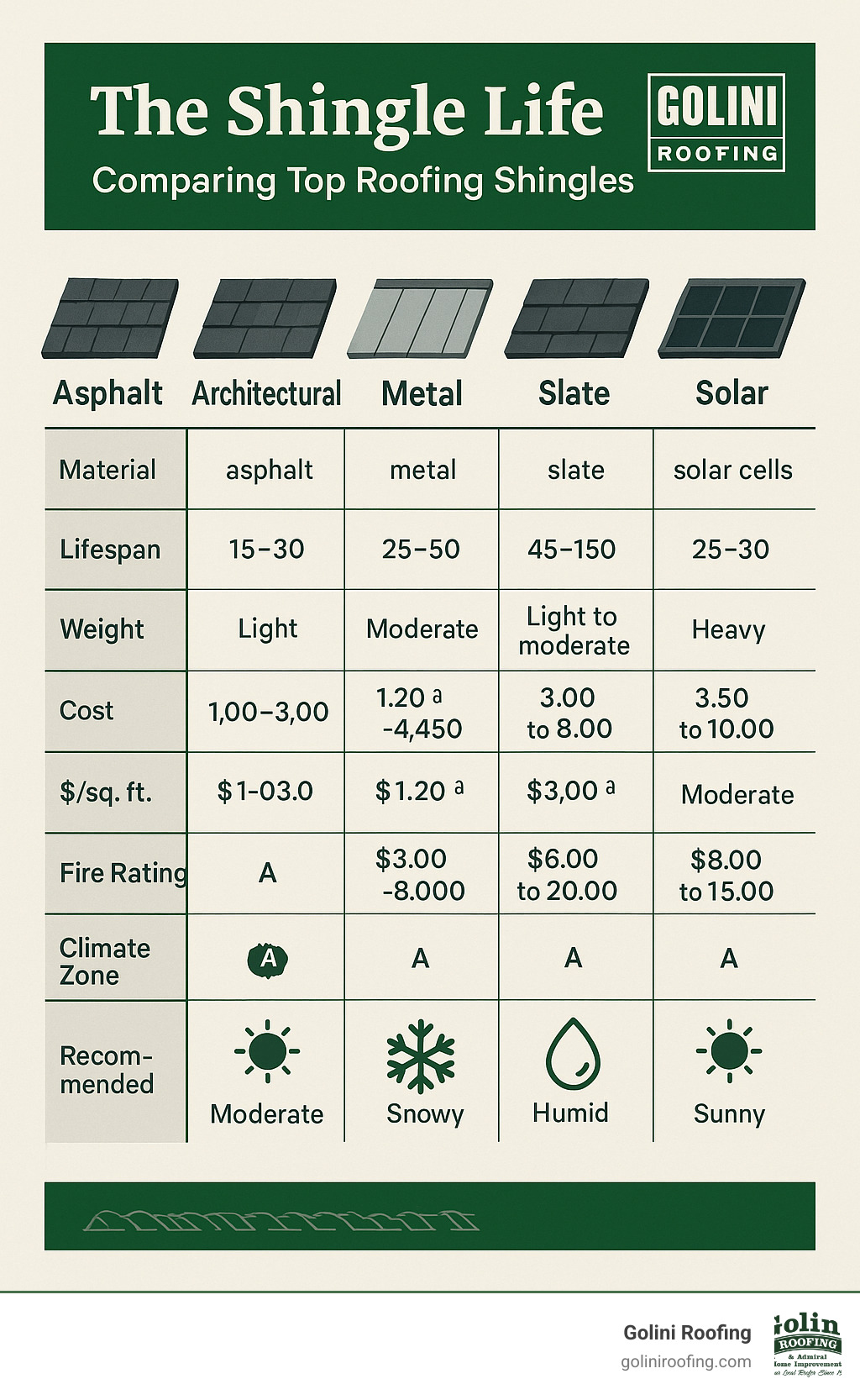 Detailed comparison of roofing shingle types showing material composition, lifespan, weight, cost per square foot, fire ratings, and recommended climate zones for asphalt, architectural, metal, slate, composite, and solar shingles - roofing shingles infographic