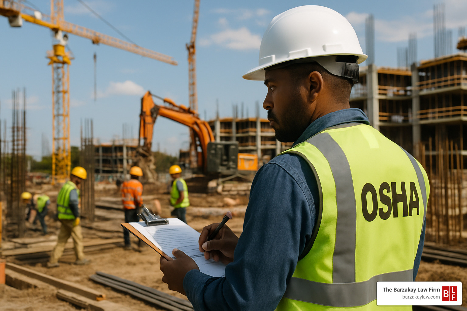 OSHA inspector at construction site with clipboard - Miami construction accident lawyer
