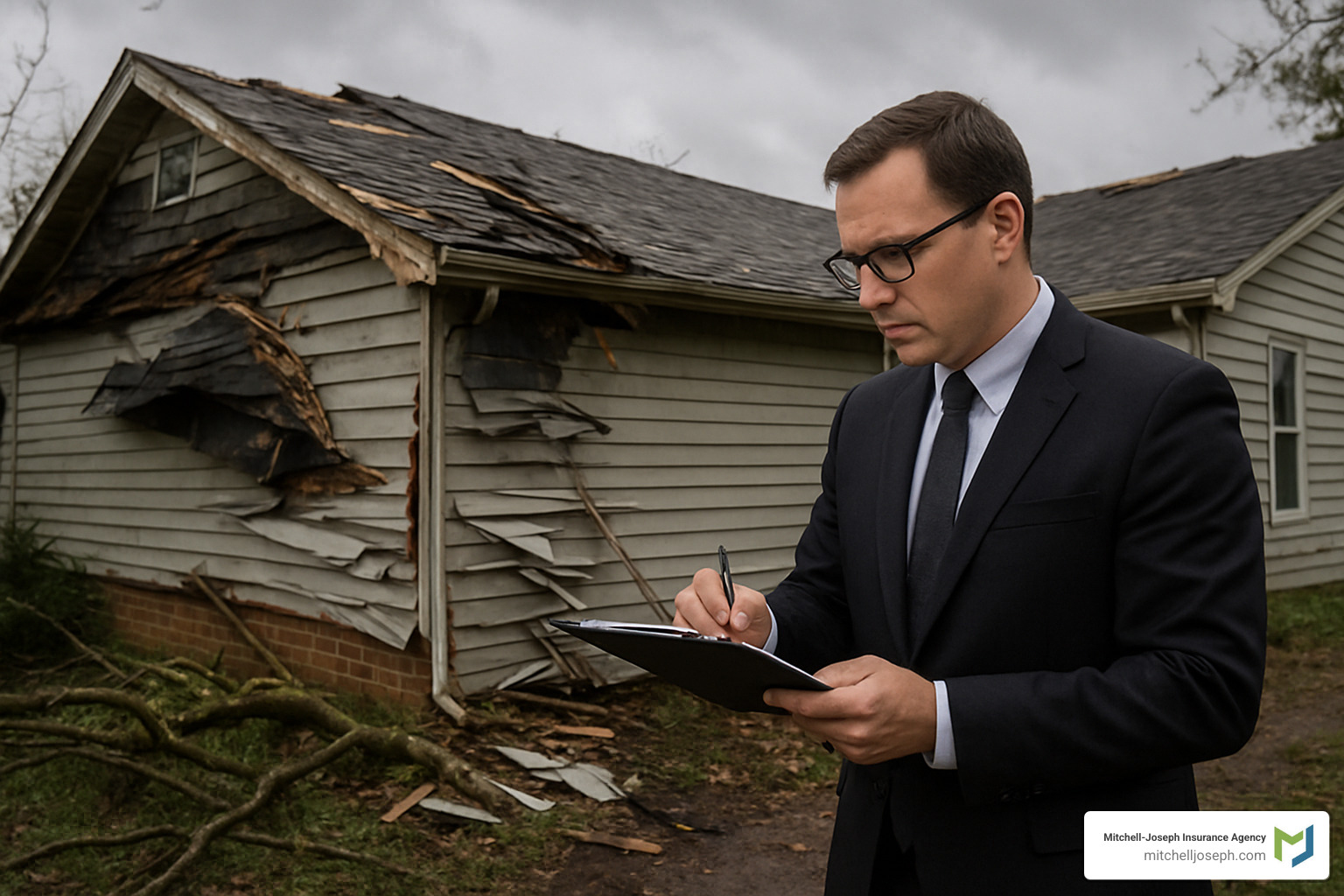 insurance adjuster inspecting storm damage to a home - property and casualty insurance