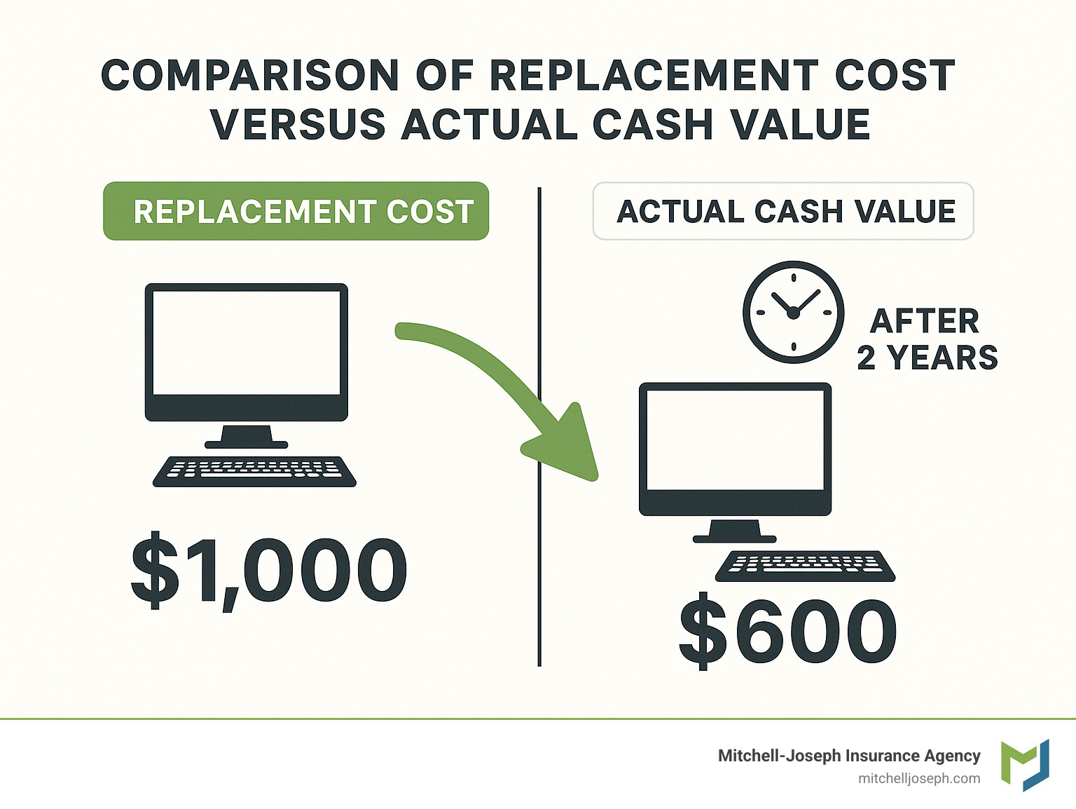 Comparison of replacement cost versus actual cash value showing a $1,000 computer depreciating to $600 after two years - property and casualty insurance infographic 